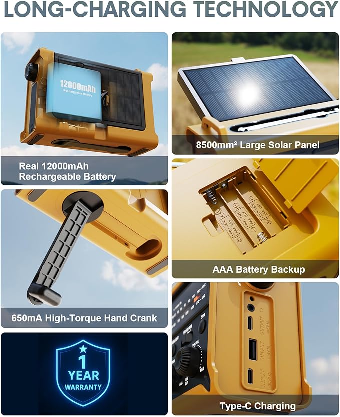 Hand Crank Emergency Radio Solar with 12000mAh Power Bank, NOAA/AM/FM/Weather Alert, 5W LED Flashlight & Reading Lamp for Hurricanes, Blizzards, Power Outage, Survival Gear