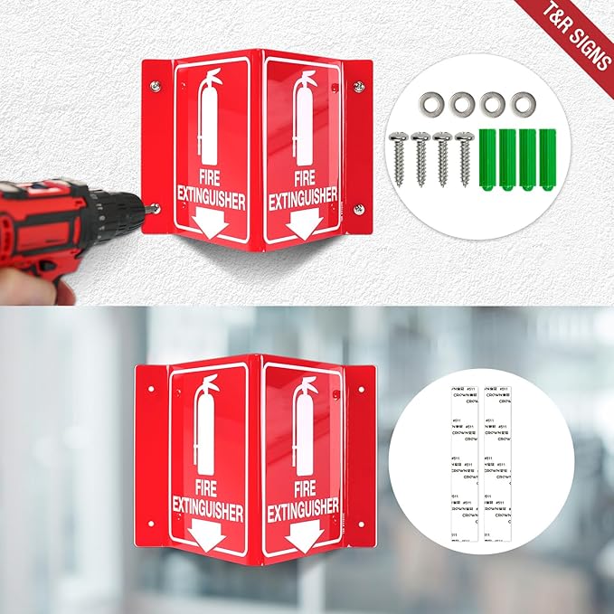 T&R Fire Extinguisher Sign, Fire Extinguisher with Down Arrow - 8 Pack - 8 x 6 Inches Acrylic, 4 pre-drilled holes, Includes Matching Screws, Use for Home Office/Business