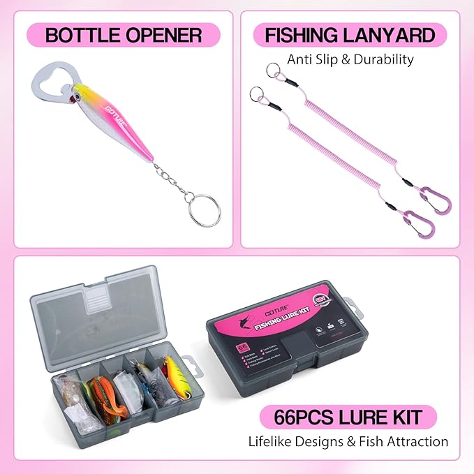 Goture Pink Fishing Rod and Reel Combo - ML Action Spinning Reel Pole with Pink Bag - Telescopic Rod Kit for Starter Travel Saltwater Freshwater, Gift for Woman