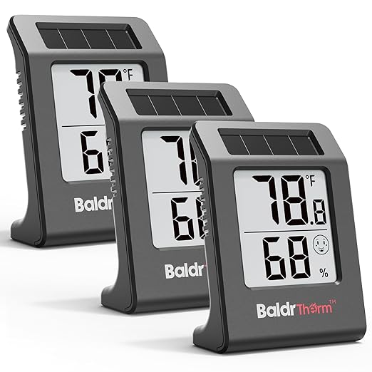 BaldrTherm Humidity Meter Hygrometer, Solar-Powered Room Thermometer Indoor Digital Temperature Sensor Monitor, 2.2''Humidity Gauge for Baby Rooms, Home, Office, 3Pack, Black