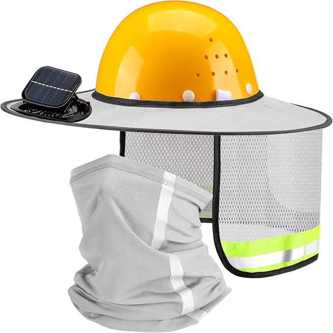 1 Set Sun Hard Hat with Solar Fan Shade Full Brim Hard Hat and Neck Sunshade Cover High Visibility Full Brim Mesh with Reflective Strip for Outdoor Summer Protection