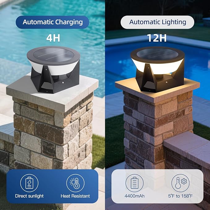 14.96" Outdoor Solar Post Lights, IP54 Waterproof Solar Column Lights Outdoor, 3000K Modern Pillar Light, Dusk to Dawn Outside Light Columns, Extra Large Post Lamp for Patio Fence Entrance