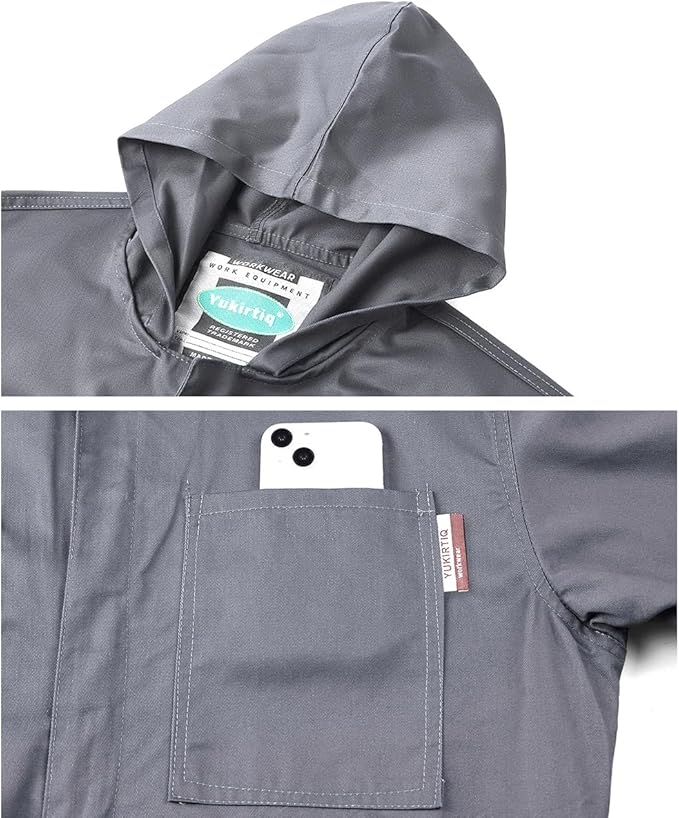 Men's Long Sleeve Zip-Front Coverall Lightweight Work Coveralls Mechanic Overall Jumpsuit with Hood