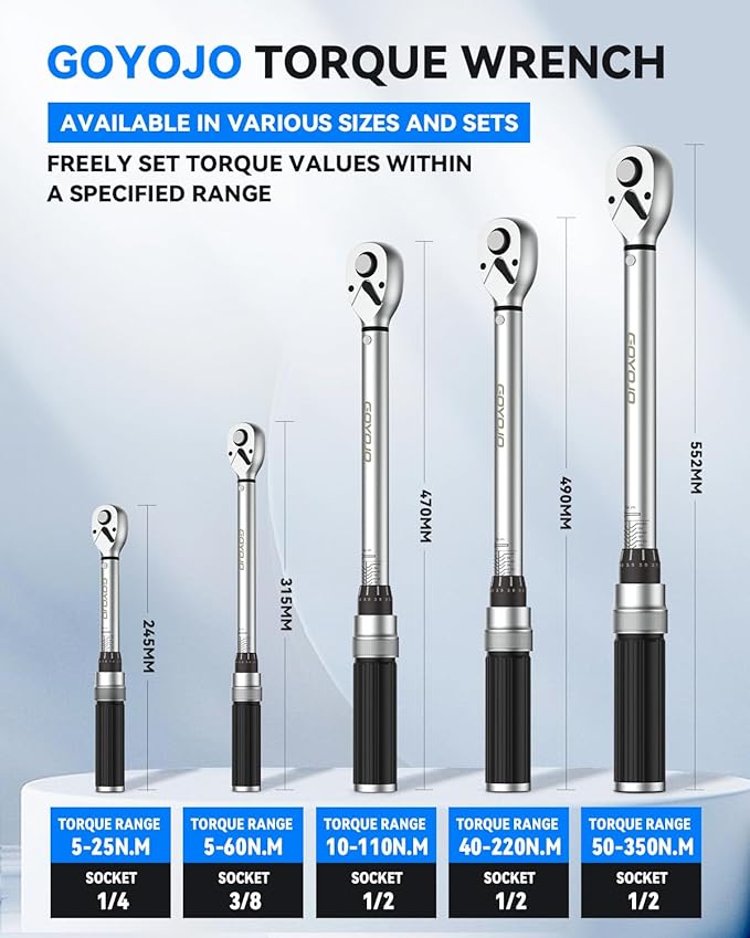 GOYOJO 1/2 inch Torque Wrench Set, 14.75-155 ft-lbs/20-210 N.m with Dual Range Scales, High 3% Precision for Automotive, Towing, DIY, and Exhaust System Maintenance
