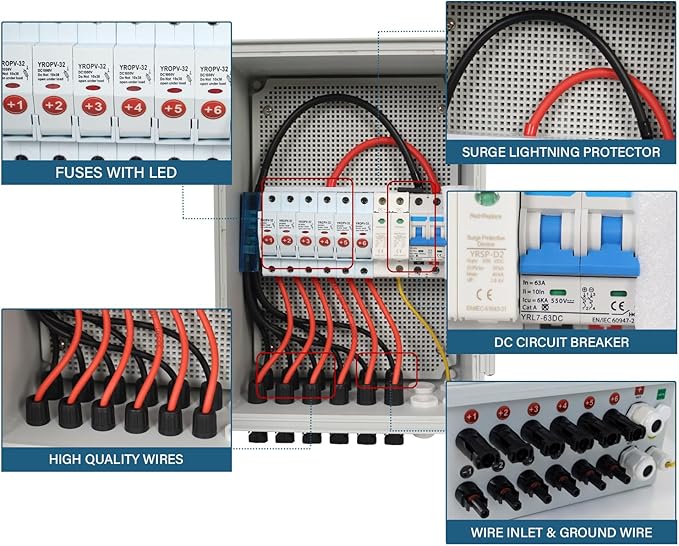 Solar 6 String PV Combiner Box with Lightning Arreste, 15A Rated Current Fuse and 2P 63A Circuit Breakers for On/Off Grid Solar Panel System (6 String PV Combiner Box)