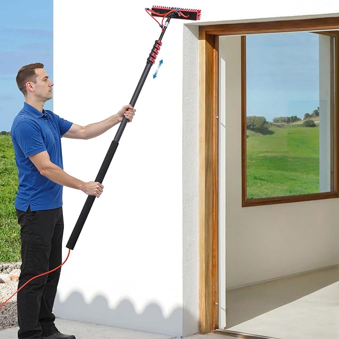 Water Fed Pole Kit, 24ft Length Water Fed Brush, Water Fed Cleaning System, Aluminum Alloy Outdoor Window Cleaner w/27ft Hose, Cleaning and Washing Tool for Window Glass, Solar Panel, Ceiling