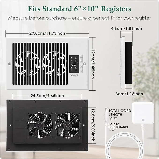 Register Booster Fan 6" x 10" with Negative Ion, Manual Airflow Direction Control, Quiet 10-Speed Heating Cooling AC Vent Fan with Remote & Thermostat Control for Wall Floor, White