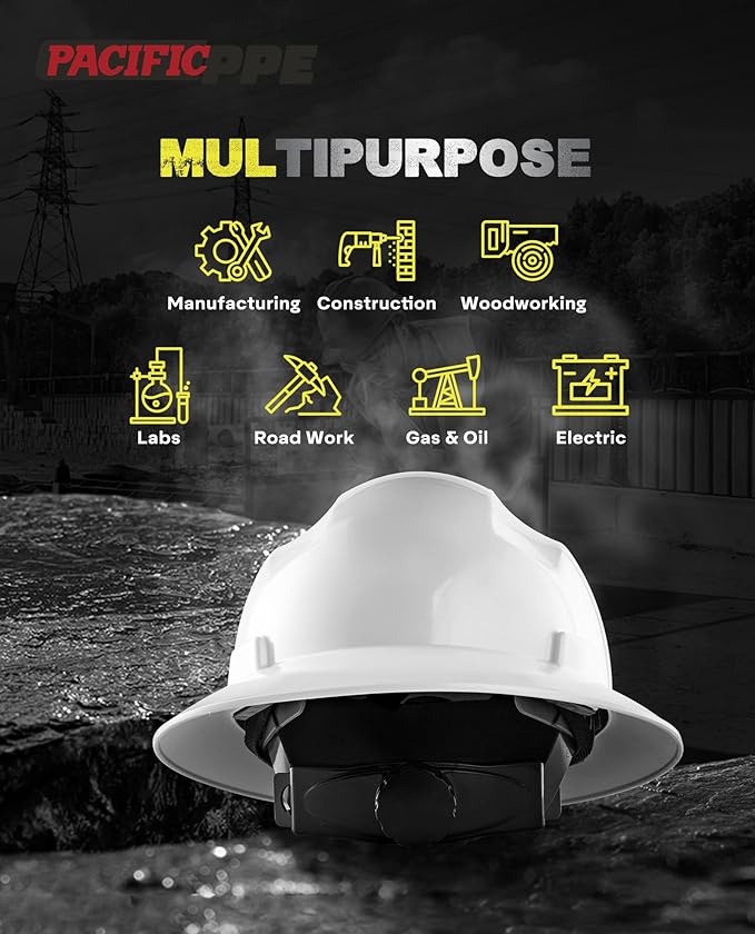 PACIFIC PPE Full Brim Hard Hat, OSHA Construction Safety Helmet Certified to ANSI Z89, 4 Point Adjustable Ratchet Suspension, Class E, G & C, White