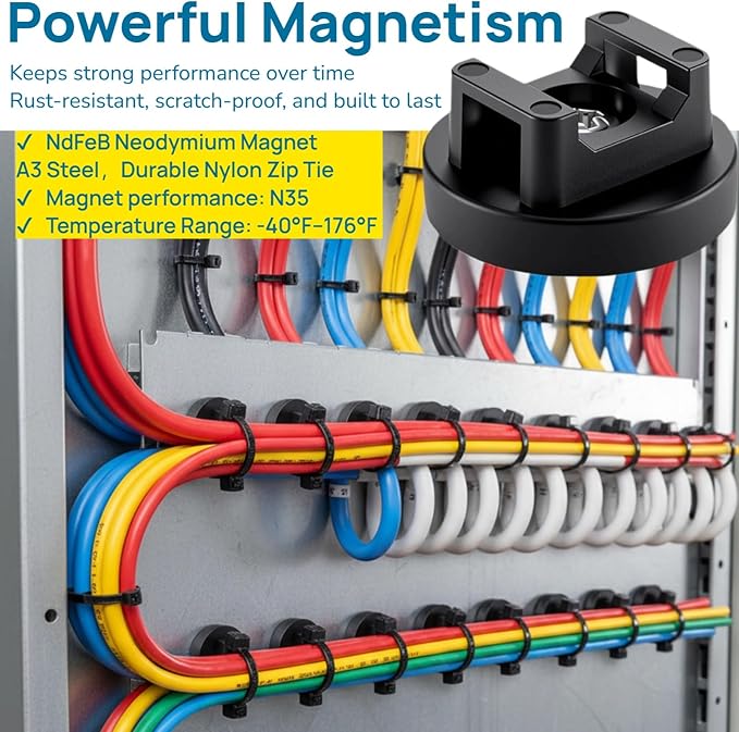 225 Pieces Magnetic Cable Ties Set, 25 Magnetic Zip Tie Mounts with 200 Cable Ties, Strong Wire Holder Cables Management, Multipurpose Electrical Cord Holders Organizer (31mm)