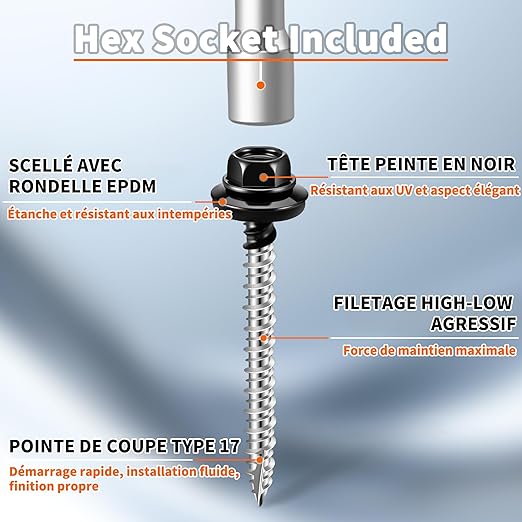 60 PCS #10 x 1-1/4" Hex Head Metal Roofing Screws with Bit, Black Painted Head Sheet Roof Screw with EPDM Washer, High-Low Thread, Self-Tapping Metal to Wood Screws for Roofing & Siding - TPOHH