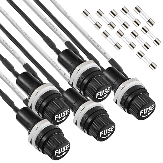 5 Pack Panel Mounted Fuse Holder 5x20mm Screw Cap Fuse Holder 250V AC 10A 125V AC 15A 12V DC Fuse Holder with Pre-Soldered Wires and 10A/15A Fast Blow Glass Fuse kit(5 * 20mm)