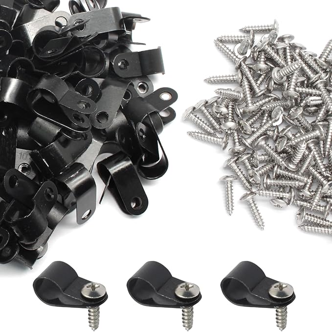 100 Pcs 3/8 Inch Black Nylon Screw Mounting R-type Cable Clip Wire Clamp, 10.4mm Cable Clip Wire Clamp for Wire Management, Stainless Steel Screws Included