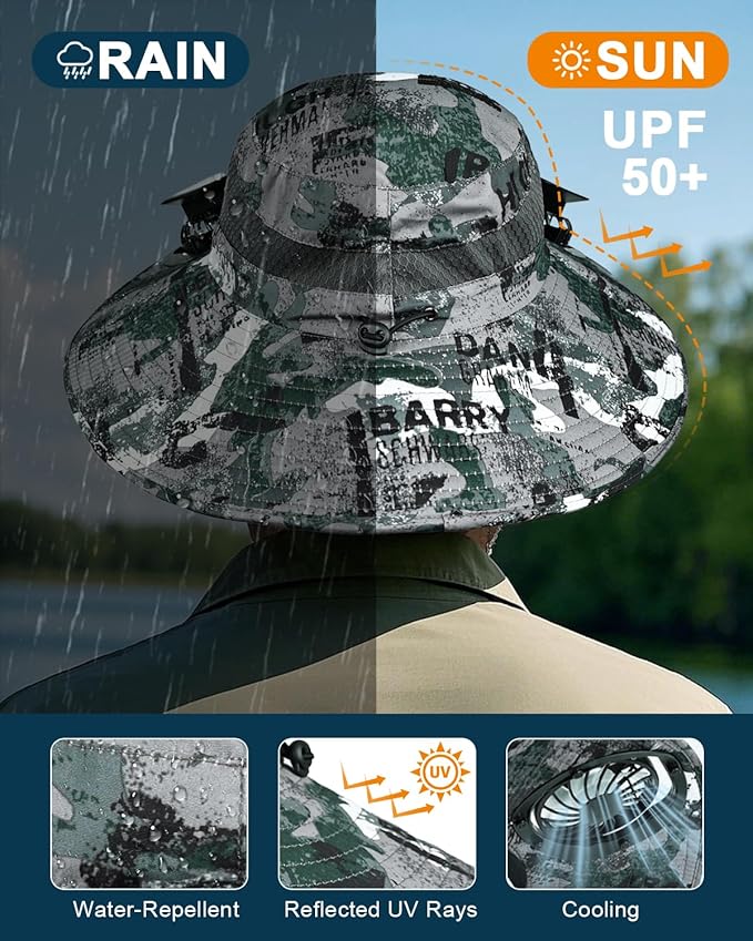 Wide Brim Sun Hat with 2 Solar Fan, Sun Bucket Hat for Men Women, UPF 50+ Bucket Fishing & Beach Hat with Fan