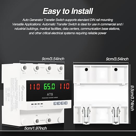 63A 110V Automatic Transfer Switch, Auto/Manual Generator Transfer Switch, DIN Rail Mount ATS with LED Display Safety Protections for Home Generator Inverter Utility Power L1 Priority Phase Selector