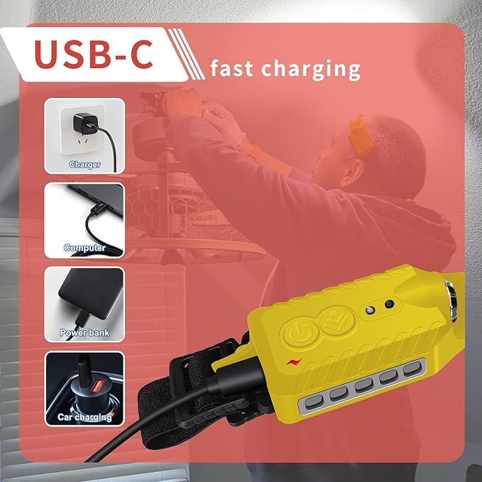Rechargeable LED Headlamp, 400 Lumens, 230° Wide Beam, USB-C, 5 Modes — Lightweight, Adjustable Headband; Hard Hat Clips for Camping, Hiking, Running, Repairs & Gift (1, Yellow)