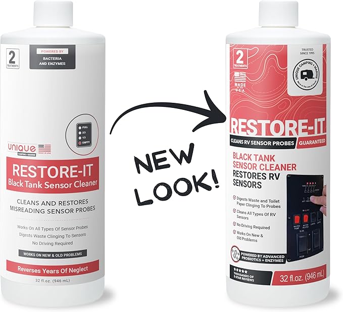 Unique Restore-It RV Sensor Cleaner Liquid - Cleans and Restores Misreading Sensor Probes by Removing Stuck-On Waste in Black Tanks - 2 Treatments Per Bottle (32 oz)