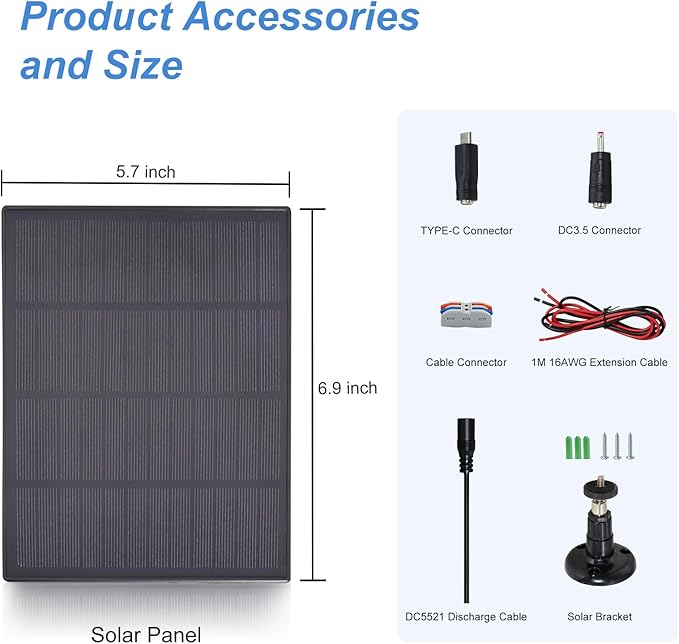 KBT 6V3W Waterproof Solar Panel with Type-C Port & DC3.5mm Port & Adjustable Bracket, Portable Solar Charger for Ring Security Camera Outdoor, Rechargeable Battery Powered Cam, Hunting Cam