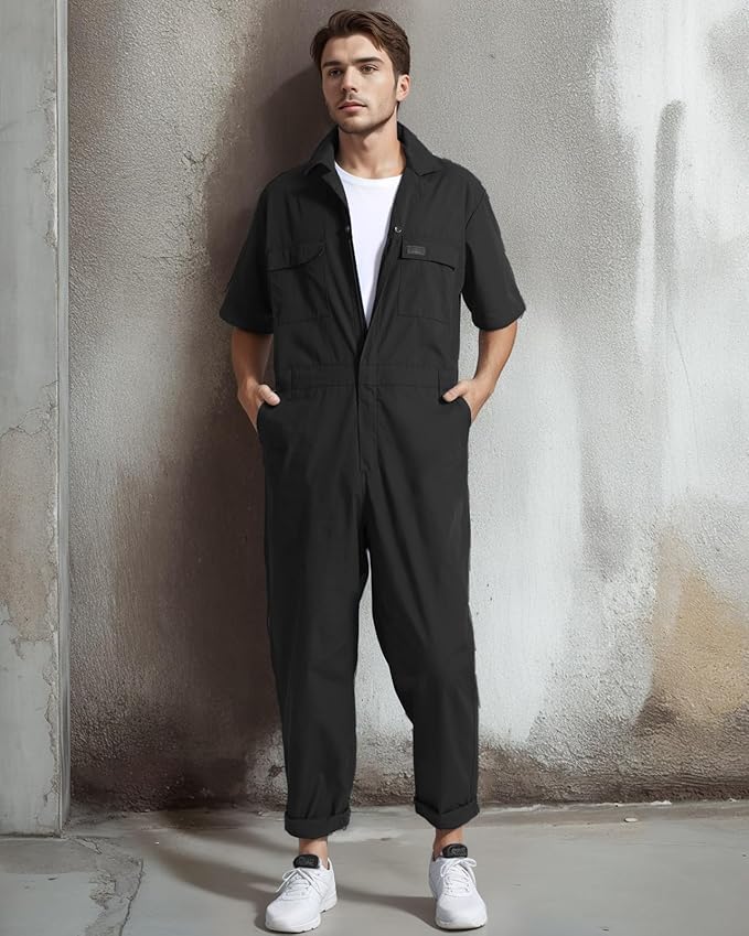 HISEA Coveralls for Men Short Sleeve, Mens Lightweight Mechanic Work Jumpsuit with Pockets, Stain & Wrinkle Resistant