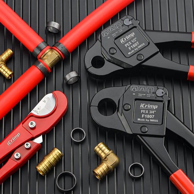 iCrimp Angle Head F1807 PEX Pipe Crimping Tool for Copper Rings - 1/2&3/4-inch Two Crimper Set with Cutter, Suitable for Tight Spaces