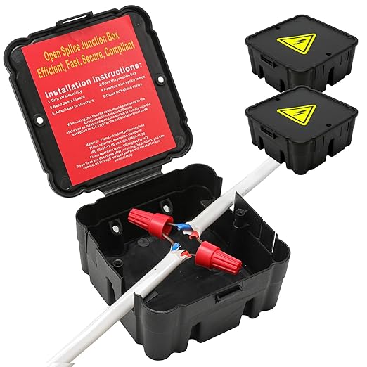 Black Open Splice Junction Box (2 Pack)，Open Splices Repair Open Splices, 5 Second Installation Splice Box, Wire Electrical Junction Box with Cover V0 Flame Retardant Rating(Highest Level)