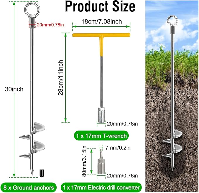 Ground Anchors Heavy Duty, 8 Pack Fully Welded Solid Steel Ground Anchors Screw in with 2.9" Spiral Blade, Trampoline Earth Stakes Auger Anchors for Sheds, Mobile Home, Tent, Swing Set