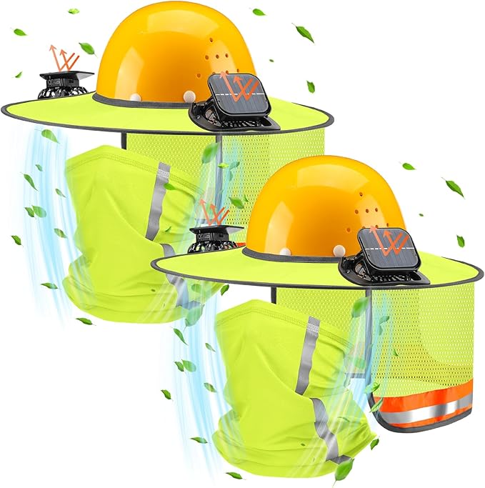 2 Sets Sun Hard Hat Shade Neck Protection with Solar Fans, Full Brim High Visibility Sun Visor Mesh Bandana Scarf for Hard Hat Accessories, Reflective(Fluorescent Yellow)