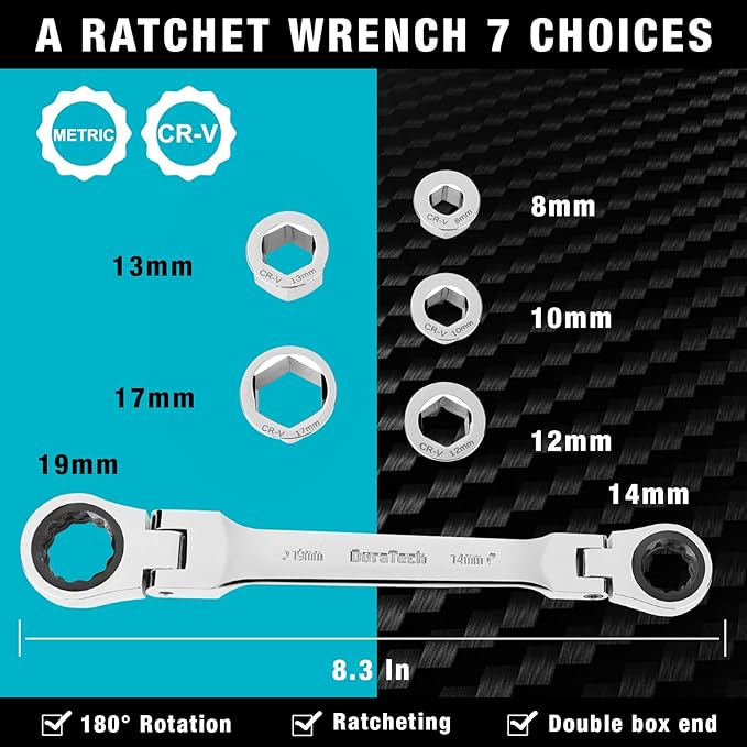 DURATECH Flex-Head Double Box End Ratcheting Wrench Set, 7-In-1 Metric Wrench Set, 8-19mm, 72 Tooth Gear, CR-V Steel, with Tool Organizer