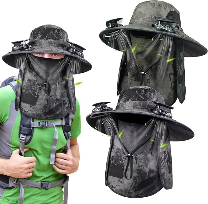 2 Pcs Solar Fan Hats Wide Brim Fishing Hats with 2 Solar Fan and Removable Face Cover Cooling Buckets for Men Women