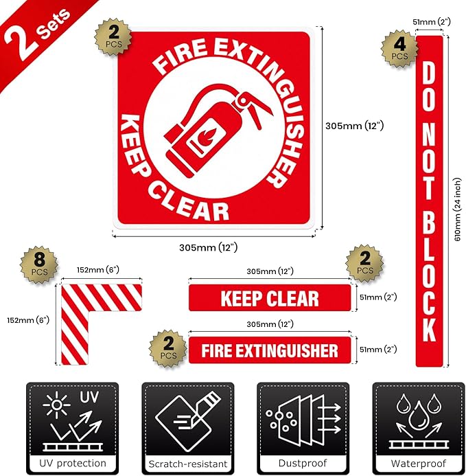 2 Pack Fire Extinguisher Signs Self Adhesive Keep Clear Do Not Block Floor Sign with Strips Waterproof Vinyl Fire Extinguisher Floor Marking Kits for Business Warehouse Office