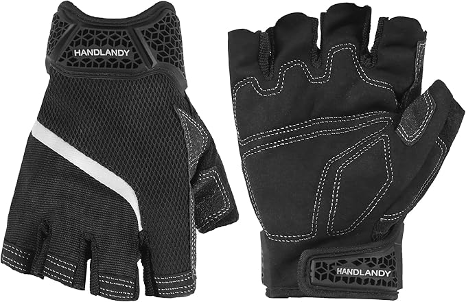 HANDLANDY Fingerless Work Gloves for Men, Half Finger Working Glove Grip Shock-Absorbing Breathable Uwrist TPR Anti-collision Gloves for Mens & Women (Black, M)