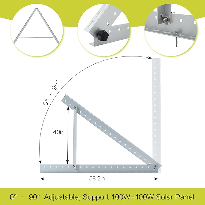 JJN 58" Solar Panel Mount, 0 to 90° Adjustable Solar Panel Mounting Brackets, Aluminum Stand Supports Single Panel from 100W to 400W with Foldable Tilt Legs for Flat roof, Ground,RV Boat