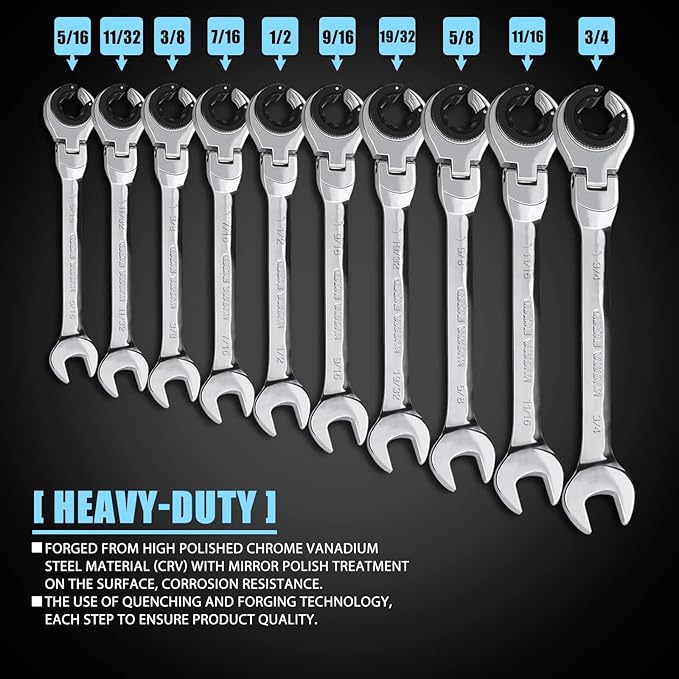 LOSCHEN SAE Flex-Head Ratcheting Wrench Combination Wrench Set 10 Pcs/Set with 72 Teeth, Chrome Vanadium Steel Tubing Ratchet Spanner（US and European Patents）