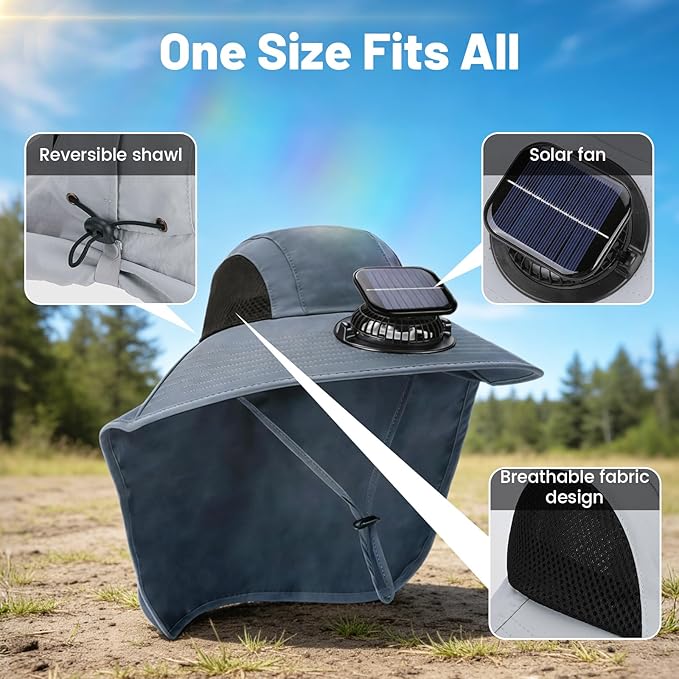 Solar Fan Hat Wide Brim Hat with Fan Sunscreene Neck Flap 3-Speed Outdoor Sun Hat for Fishing,Hiking,USB Solar Charging