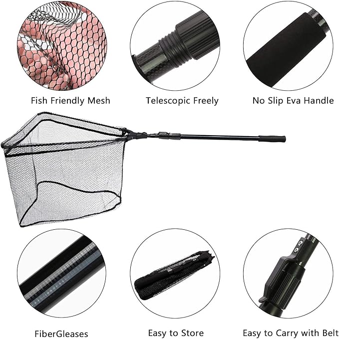 SAN LIKE Fishing Net Fish Landing Net Collapsible Fish Net with Anti-Slip Telescoping Rubber Pole Handle for Kids Adults in Saltwater Freshwater Multi-Size Extending to 37/42/43/51/69/71/89/98inch
