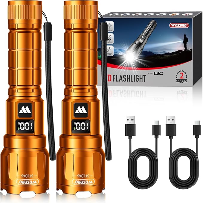 WdtPro LED Rechargeable Flashlight 2 Pack, Super Bright Zoomable 6000 Lumens Tactical Flashlight with LCD Digital Display, 3 Mode Waterproof Flash Light for Camping, Hunting & Home Emergency - Orange