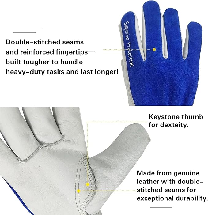 12 Pairs Bulk Leather Work Gloves for Men or Women for Construction, Wood cutting, Driving, Water Resistant, Keep warm, Soft, Cowhide, Class 4 Abrasion Resistant, Blue-White, XL