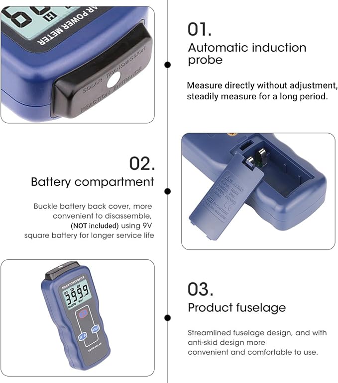 Solar Power Meter Digital Handheld Irradiance Tester for Sunlight Radiation PV Solar Panel Installation Photovoltaic Testing