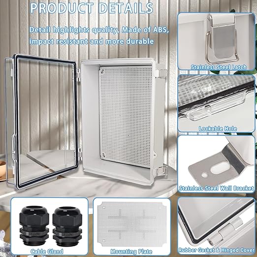 Zulkit Junction Box,IP67 Waterproof Electrical Box Hinged Clear Cover Stainless Steel Buckle Plastic Enclosure for Project w Mounting Plate Wall Bracket and 2 Cable Gland 15"x11"x5.1"/380x280x130mm