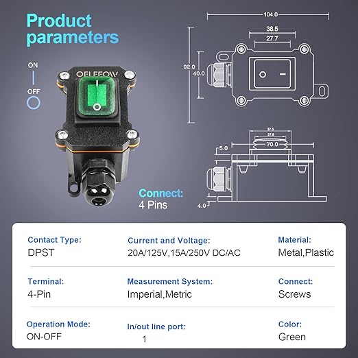 Waterproof On Off Toggle Switch with Green Light Rocker Button Inline Cord Switch DPST AC/DC 20A-125V,16A-250V,30A-24V,35A-12V, IP66