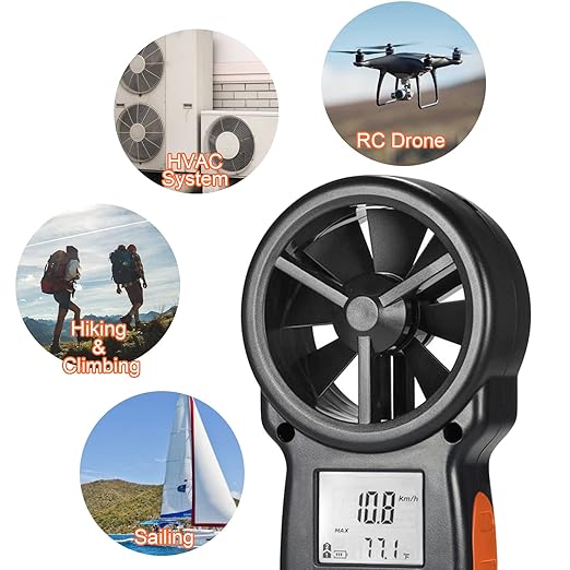 Kethvoz Anemometer, Digital Wind Speed Meter & CFM Air Flow Tester - Handheld Device to Measure Wind Velocity, Temperature, CFM for HVAC, Drone Flying, Sailing, Hunting