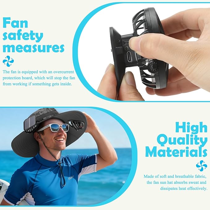 Berlune Men Sun Hat with 2 Solar Fans Wide Brim Outdoor Fishing Hat USB & Solar Powered for Sun Protection Camping Hiking