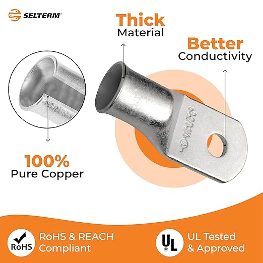 SELTERM 25pcs 2/0 AWG 1/4" Stud Marine Grade Tinned Copper Battery Cable Lugs, 00 Gauge Ring Terminals, UL Wire Lugs Electrical Cable Ends, Terminal Connectors