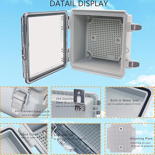 Waterproof Junction Box, ABS Plastic Electrical Box with Stainless Steel Latch, Hinged Cover Electric Project Enclosure Box with Mounting Plate, Wall Brackets & Cable Gland 5.9"x5.9"x3.5"