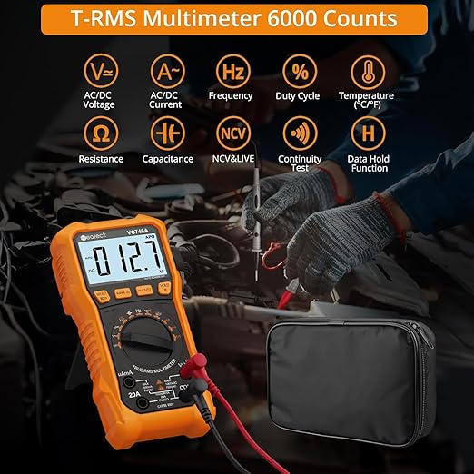 Neoteck 6000 Counts Digital Multimeter for DC AC Voltage/Current TRMS Voltmeter with Test Probe Auto Range Multimeter with NCV Live for Temperature Capacitance Resistance Diode Continuity-Orange