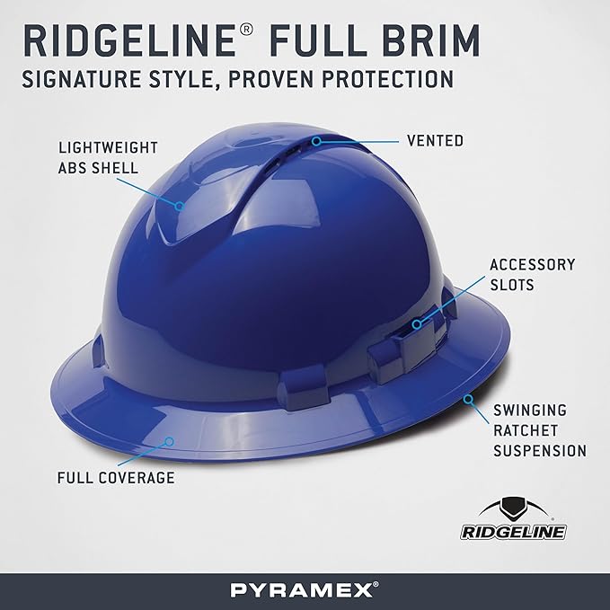 Pyramex Ridgeline Full Brim Vented Hard Hat 4 Point Ratchet Suspension