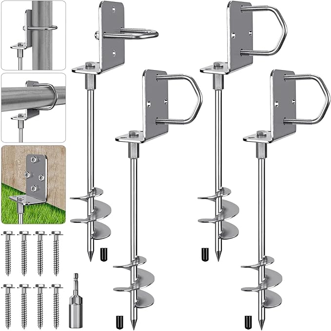 18" Heavy Duty Screw in Ground Anchors Kit, 3" Spiral Windproof Earth Anchors for Trampoline, Shed, Swing Set & Mobile Home, Fully Welded Steel with Nut Driver Drill Bit (Set of 4)