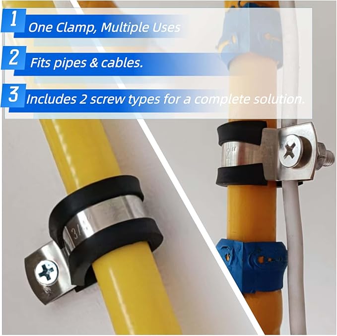 60 Pcs Cable Clamps Kit, 304 Stainless Steel Wire Clamps with Rubber Cushion for Pipe, Hose, Protection and Management in 5 Size (1/4", 3/8", 1/2", 3/4", 1")