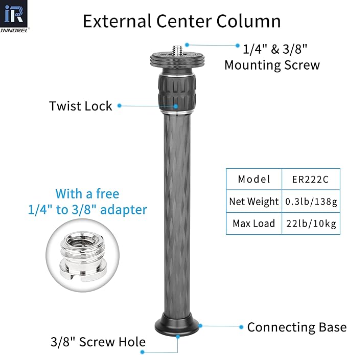 INNOREL ER222C Universal Carbon Fiber Tripod Center Column Extension Pole Extender - Two-Section Mid-Column Extension Rod Pole for Monopod DSLR Camera - 22.2mm Max Tube