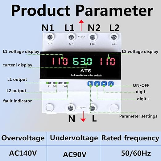 Automatic Generator Transfer Switch 63A 110V Dual Power Supply with LED Display L1 Preferred 50/60Hz CE Certified ATS Automatic Transfer Switch ensures Stable Transmission and is Easy to use
