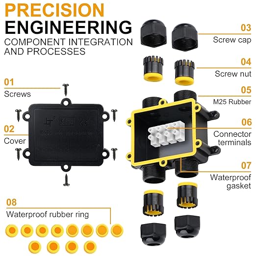 IP68 Waterproof Junction Box Outdoor,4-Way Electrical Junction Box Outdoor with 4 Cable M25 Gland Wire Connector Extension Electrical Cable Protector for Diameter Cable Ø4-14mm Black